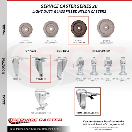 Service Caster 4 Inch SS High Temp Glass Filled Nylon Top Plate Caster Total Lock Brakes, 2PK SCC-SSTTL20S414-GFNSHT-2-S-2